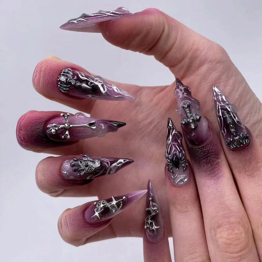 Halloween Cool Spice Style Spider Skull False Nails Purple Halo Dyeing Detachable Finished Fake Nails Press on Nail with Glue
