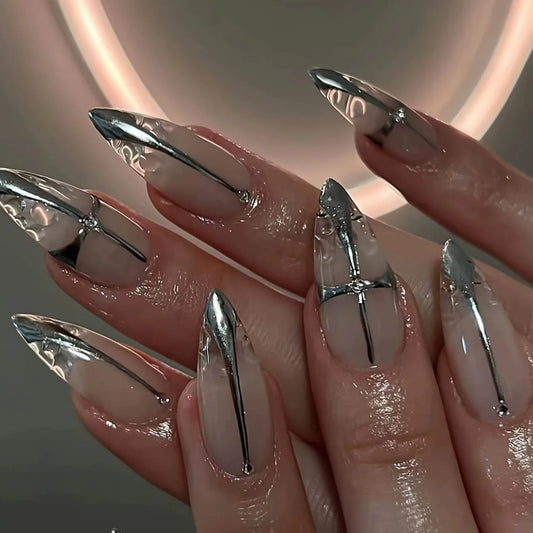 Press on Nails Pointed Punk French Fake Nails Silver Line Designs Wearable Long Almond Gradient Flash Diamond False Nails 24Pcs
