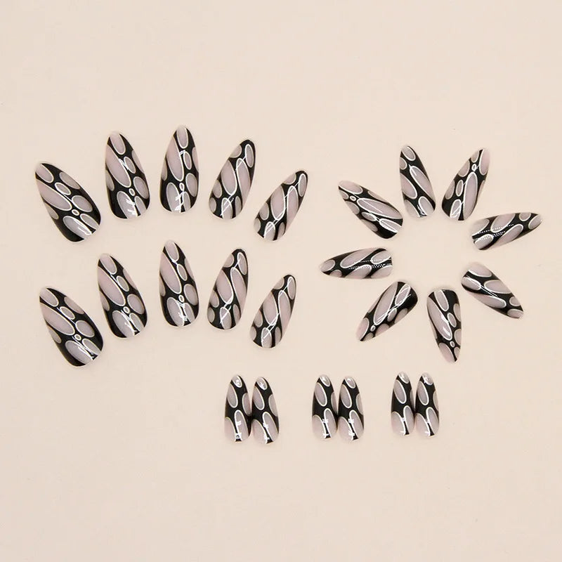 24Pcs Black Press-On Nails - Gold Wire & Bubble Texture Long Almond Glam Style False Nails Detachable Finished Nail Tips
