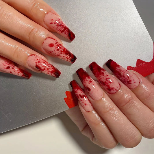 24PCS Halloween Square White French False Nails with Designs Full Cover Red Blood Pattern Fake Nails Press on Short Nails Tips