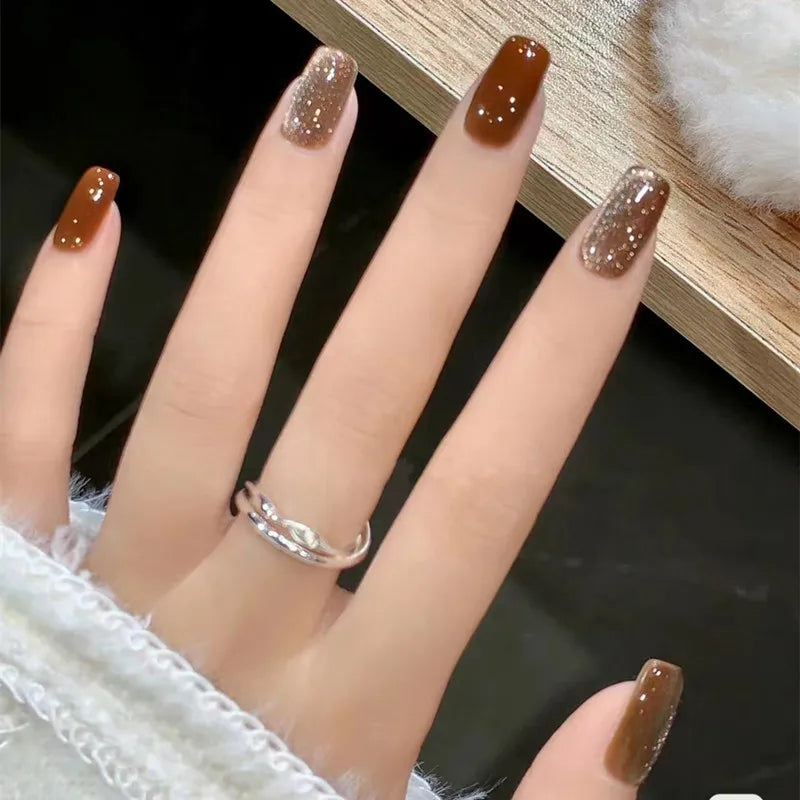 24Pcs Shining Brown Cat'S Eye Decor Fake Nail Medium Length Ballet Fall False Nail Tips Artificial Nails Glitter Press on Coffin