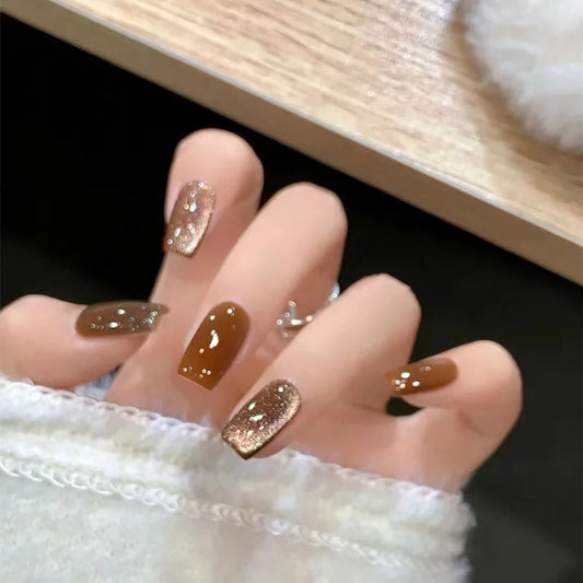 24Pcs Shining Brown Cat'S Eye Decor Fake Nail Medium Length Ballet Fall False Nail Tips Artificial Nails Glitter Press on Coffin