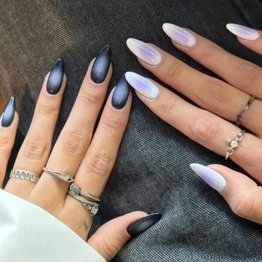 Black Cat Eye Press on Nails Medium Almond, Handmade Jelly Magnet Gel Fake Nail, Gloss Glitter Magnetic Glue on Nail Short Oval, Reusable Acrylic Stiletto Stick on False Nail Kit for Women