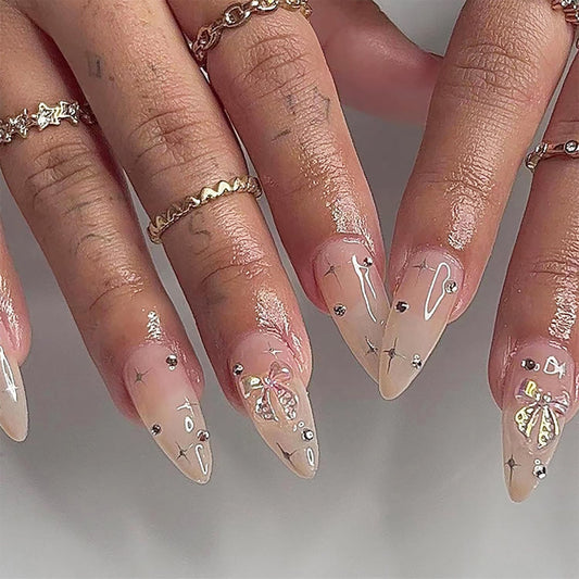 24Pcs Nude Gradient French Tip Press on Nails Medium Length Almond Shaped Artificial Acrylic Fake Nail  Full Cover Reusable Glossy Nature French Coffin False Nail Glue on Nails for Women