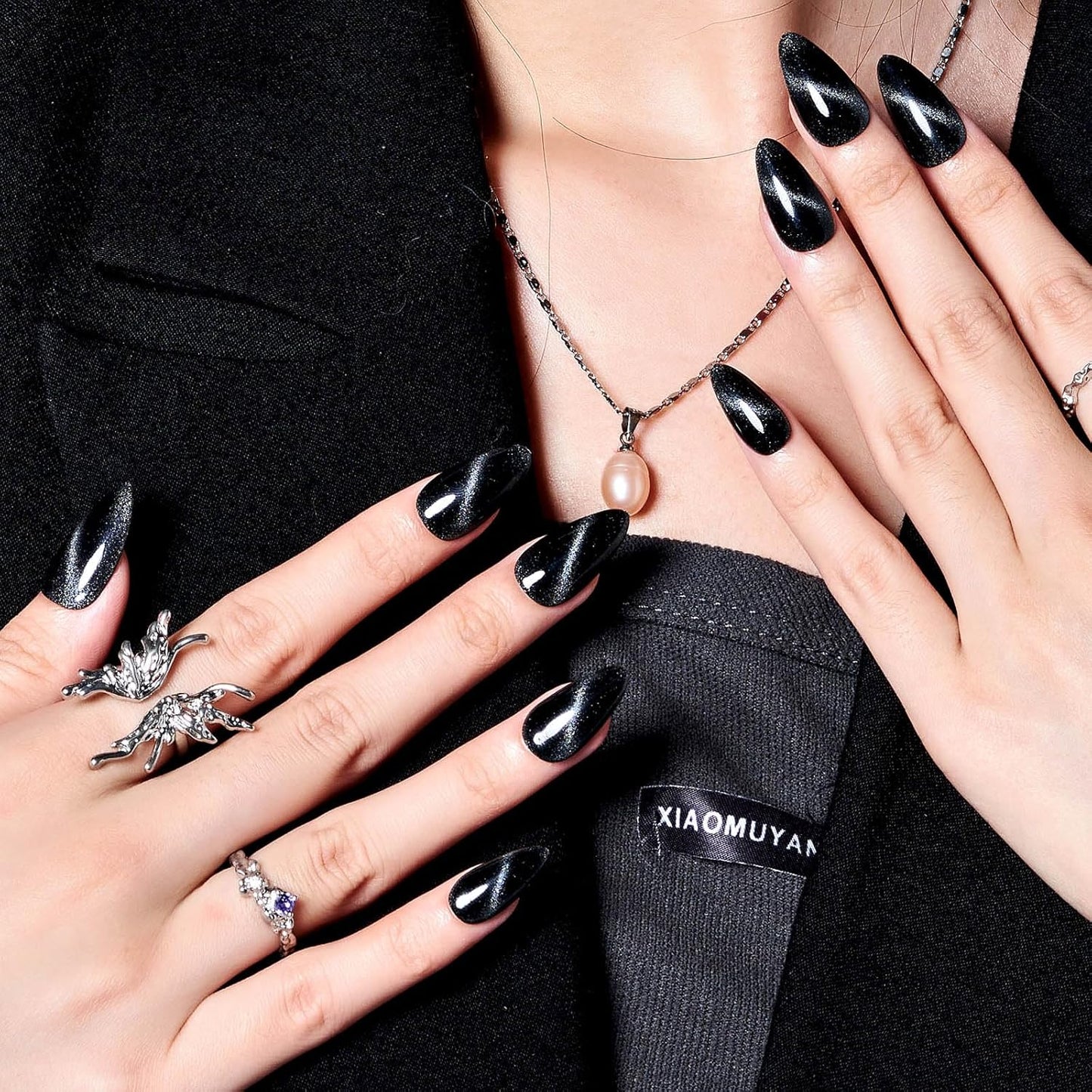 Black Cat Eye Press on Nails Medium Almond, Handmade Jelly Magnet Gel Fake Nail, Gloss Glitter Magnetic Glue on Nail Short Oval, Reusable Acrylic Stiletto Stick on False Nail Kit for Women