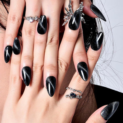 Black Cat Eye Press on Nails Medium Almond, Handmade Jelly Magnet Gel Fake Nail, Gloss Glitter Magnetic Glue on Nail Short Oval, Reusable Acrylic Stiletto Stick on False Nail Kit for Women