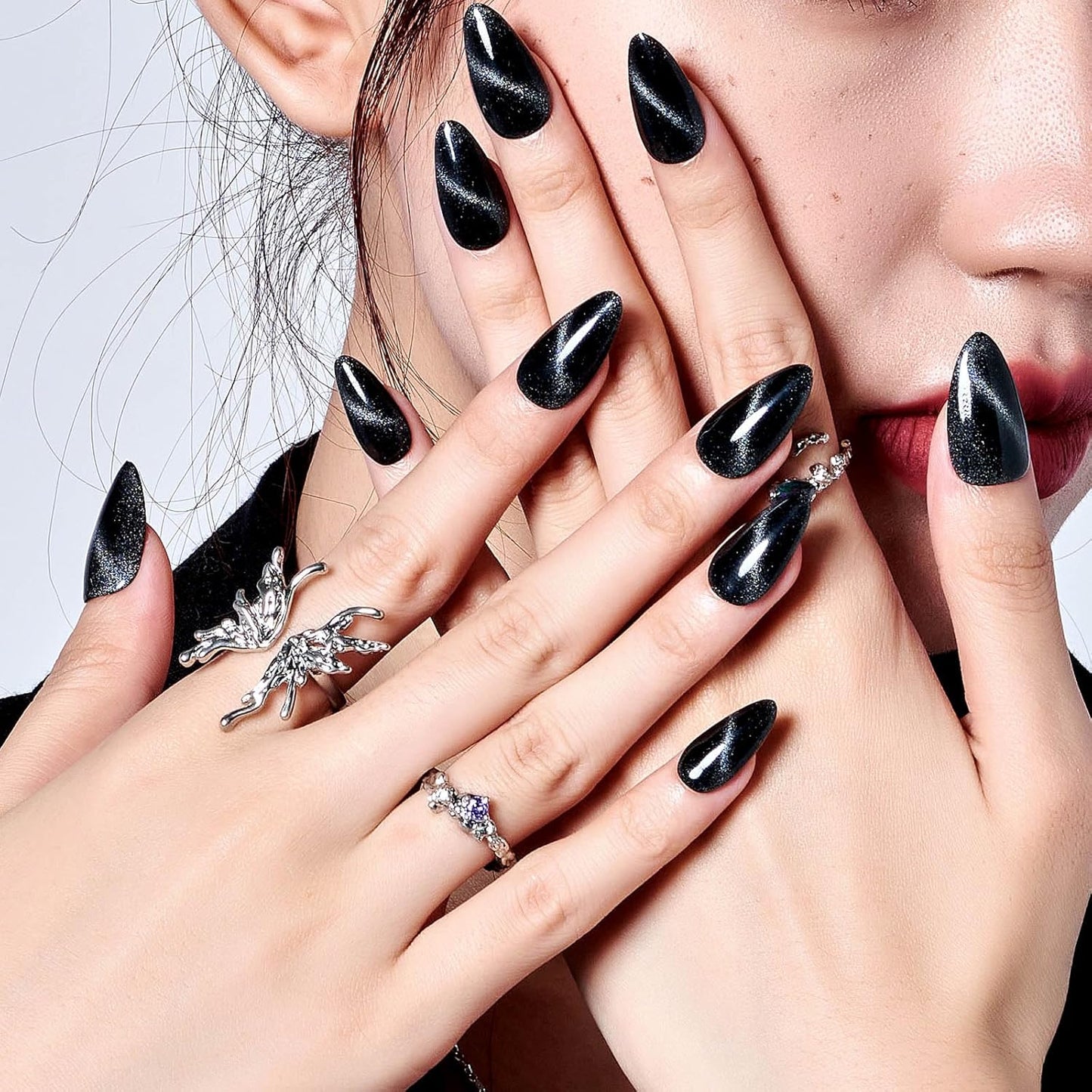 Black Cat Eye Press on Nails Medium Almond, Handmade Jelly Magnet Gel Fake Nail, Gloss Glitter Magnetic Glue on Nail Short Oval, Reusable Acrylic Stiletto Stick on False Nail Kit for Women
