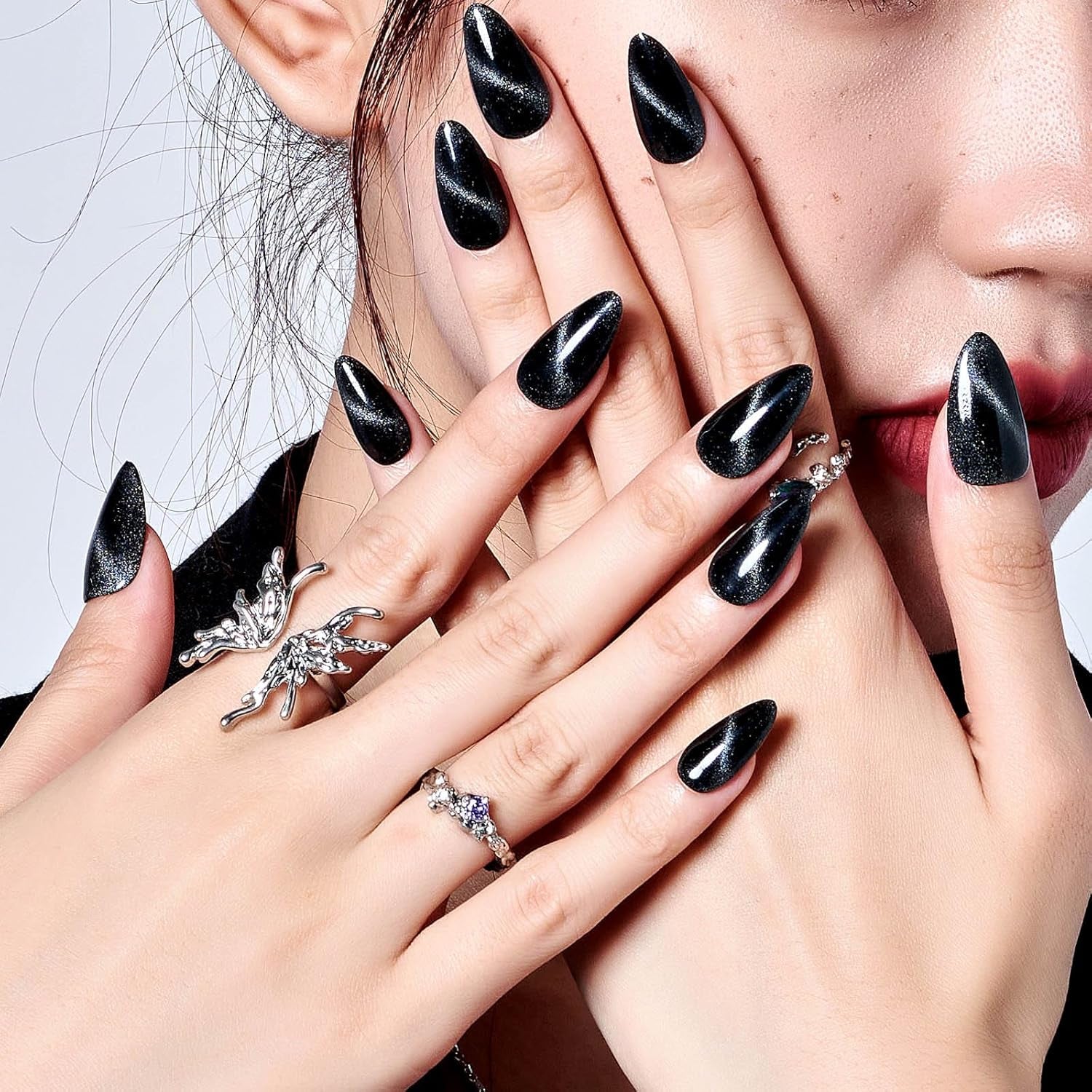 Black Cat Eye Press on Nails Medium Almond, Handmade Jelly Magnet Gel Fake Nail, Gloss Glitter Magnetic Glue on Nail Short Oval, Reusable Acrylic Stiletto Stick on False Nail Kit for Women