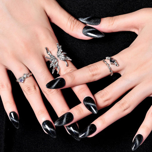 Black Cat Eye Press on Nails Medium Almond, Handmade Jelly Magnet Gel Fake Nail, Gloss Glitter Magnetic Glue on Nail Short Oval, Reusable Acrylic Stiletto Stick on False Nail Kit for Women