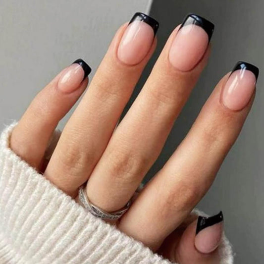 French Tip Press on Nails Square Short Medium Black Pink Fake Nails Women Cute Fantasy Glue on Nails Acrylic Gel Stick on Nails Classy False Nails Wedding Birthday