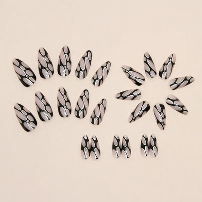 24Pcs Black Press-On Nails - Gold Wire & Bubble Texture Long Almond Glam Style False Nails Detachable Finished Nail Tips