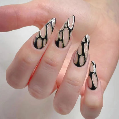24Pcs Black Press-On Nails - Gold Wire & Bubble Texture Long Almond Glam Style False Nails Detachable Finished Nail Tips