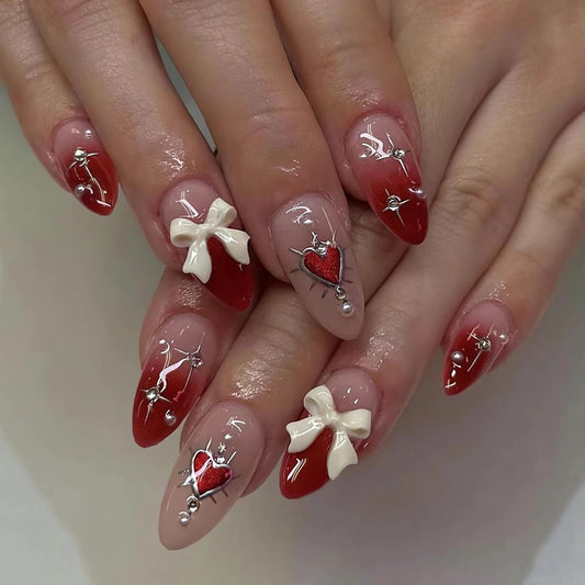 Almond Press on Nails Medium Fake Nails Brown Fall Glue on Golden Chrome Baroque Art Acrylic Nails 3D Heart Charm Metallic Ball Design Stiletto Manicure Stick on False Nails