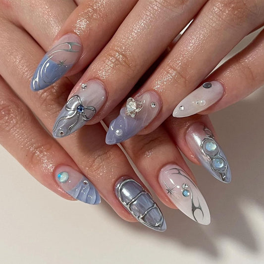 24Pcs Almond Press on Nails French Tips Short Fake Nails with Cute Bow Charms Design French Press on False Nails Nude Pink Acrylic Nails Almond Shaped Artificial Nails for Women Girls Manicure Tip