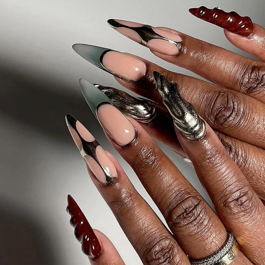 Press on Nails - Long Stiletto Fake Nails with Bling Glitter, Acrylic Luxury Rhinestone Design 24 Pcs