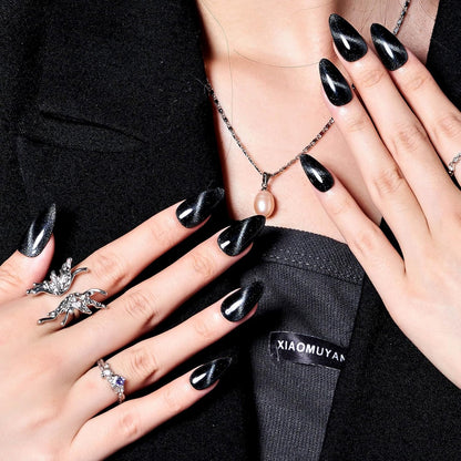 Black Cat Eye Press on Nails Medium Almond, Handmade Jelly Magnet Gel Fake Nail, Gloss Glitter Magnetic Glue on Nail Short Oval, Reusable Acrylic Stiletto Stick on False Nail Kit for Women