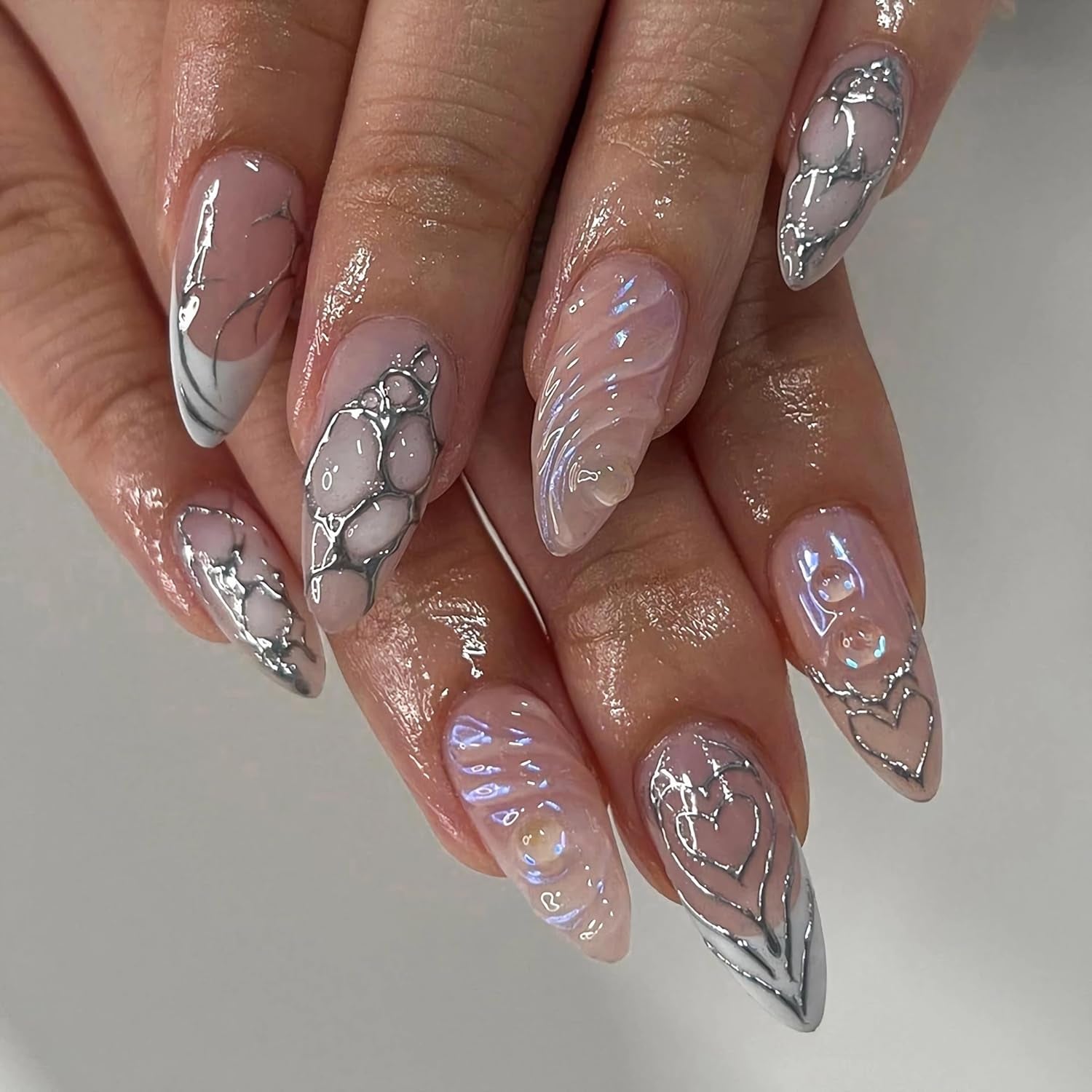 Almond Press on Nails Medium Fake Nails Brown Fall Glue on Golden Chrome Baroque Art Acrylic Nails 3D Heart Charm Metallic Ball Design Stiletto Manicure Stick on False Nails