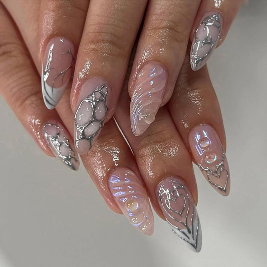 Almond Press on Nails Medium Fake Nails Brown Fall Glue on Golden Chrome Baroque Art Acrylic Nails 3D Heart Charm Metallic Ball Design Stiletto Manicure Stick on False Nails